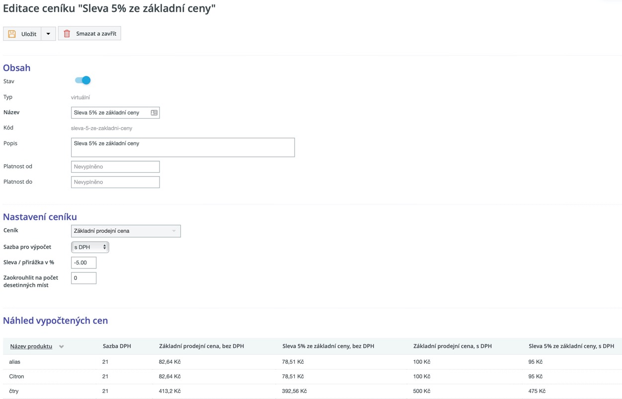 virtuální ceník v CMS pro e-shopy Edee.one